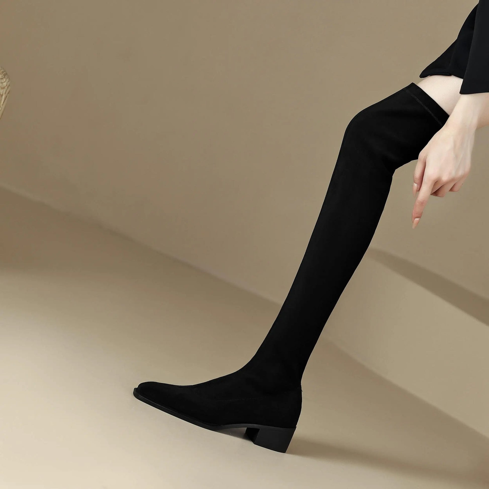 English Style Med Heels Thin Leg Square Toe   , New Stretch Slip on Over-the-knee Boots - Ghoddosh