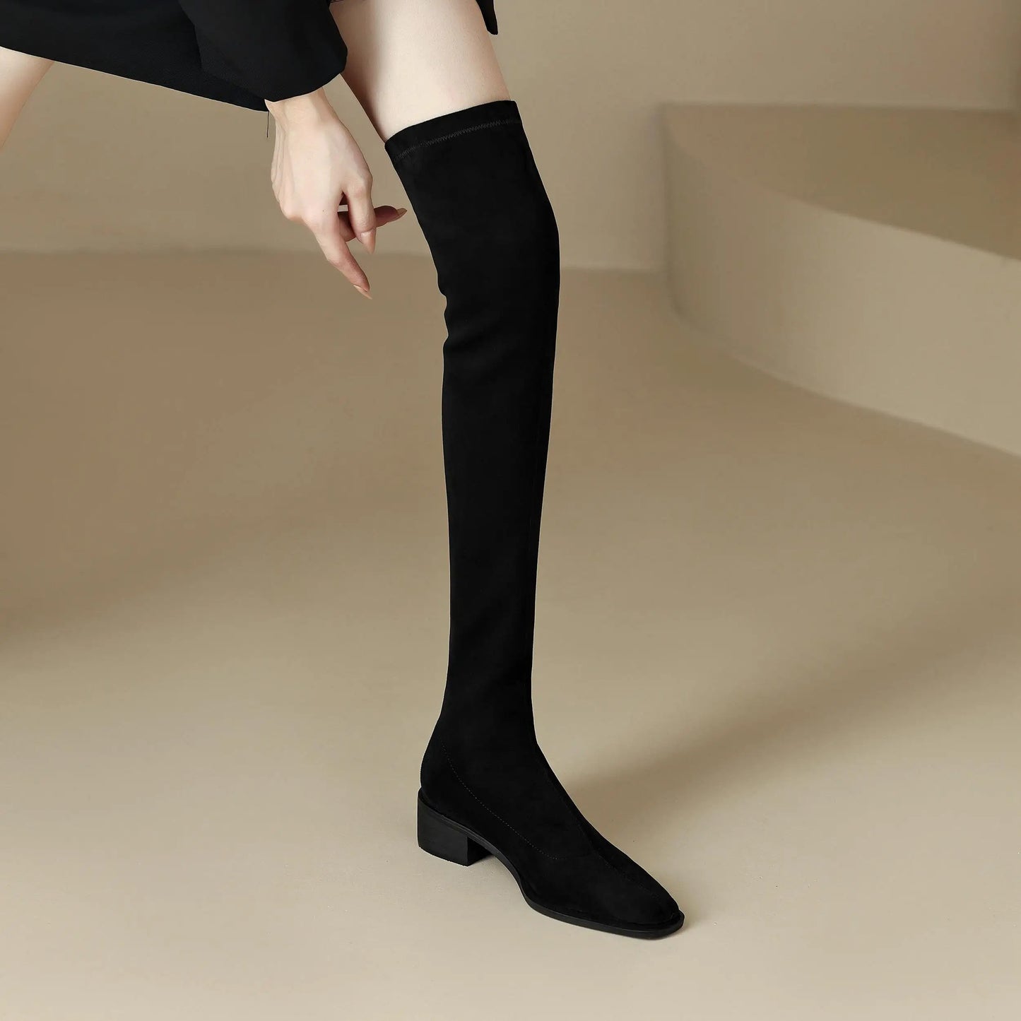 English Style Med Heels Thin Leg Square Toe   , New Stretch Slip on Over-the-knee Boots - Ghoddosh
