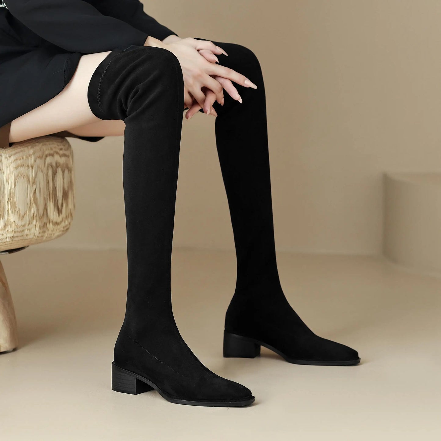 English Style Med Heels Thin Leg Square Toe   , New Stretch Slip on Over-the-knee Boots - Ghoddosh