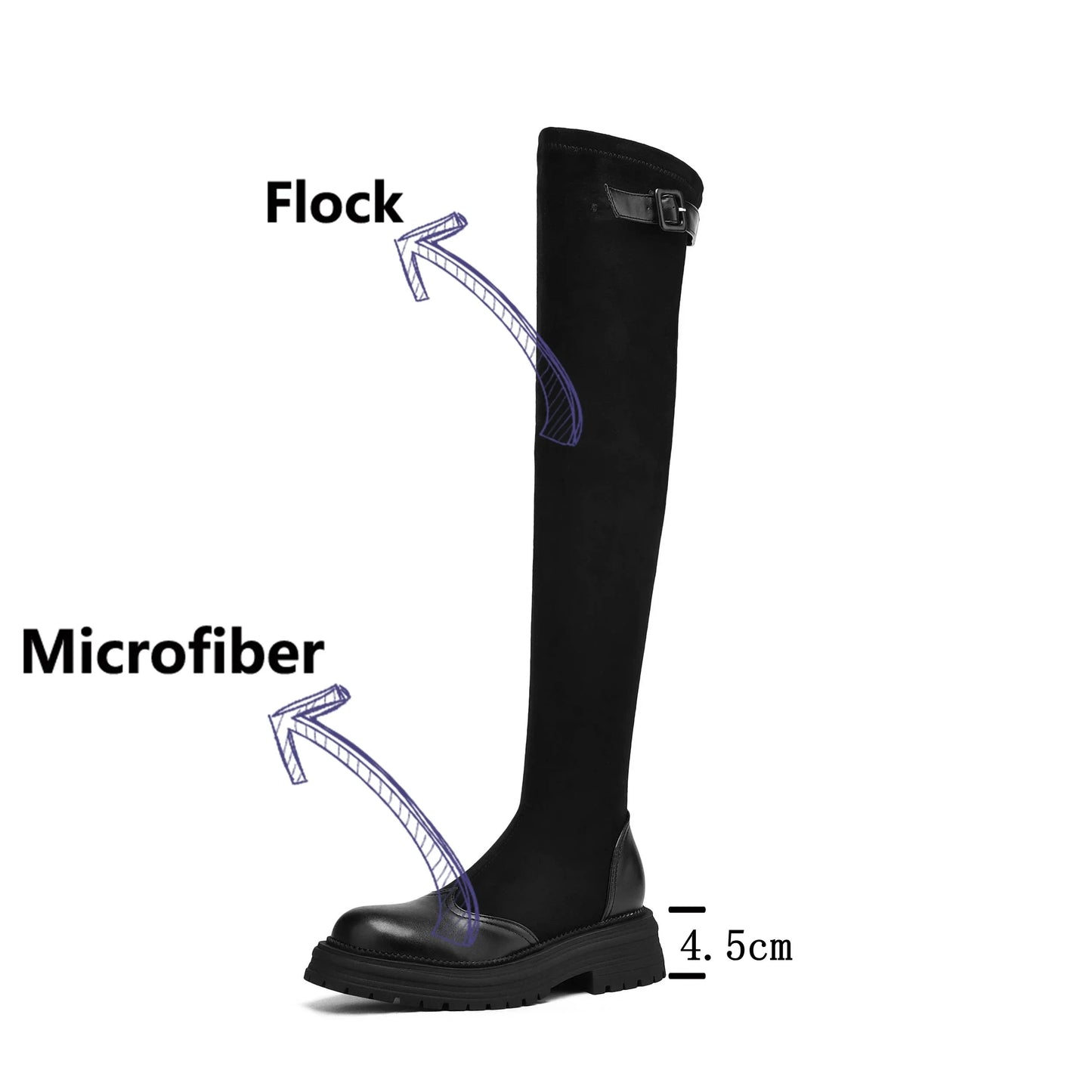 Microfiber Flock Chunky med Heels Round Toe Stretch Long Boots with buckles - Ghoddosh