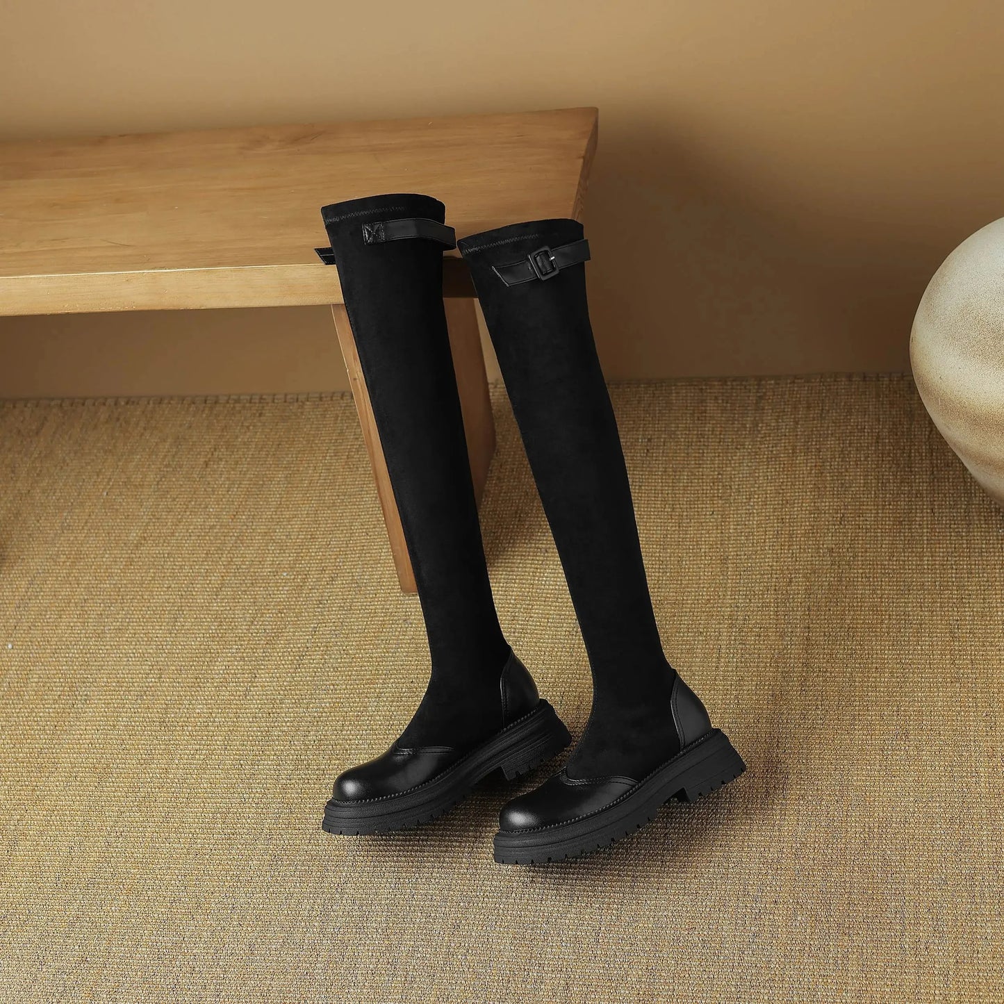 Microfiber Flock Chunky med Heels Round Toe Stretch Long Boots with buckles - Ghoddosh