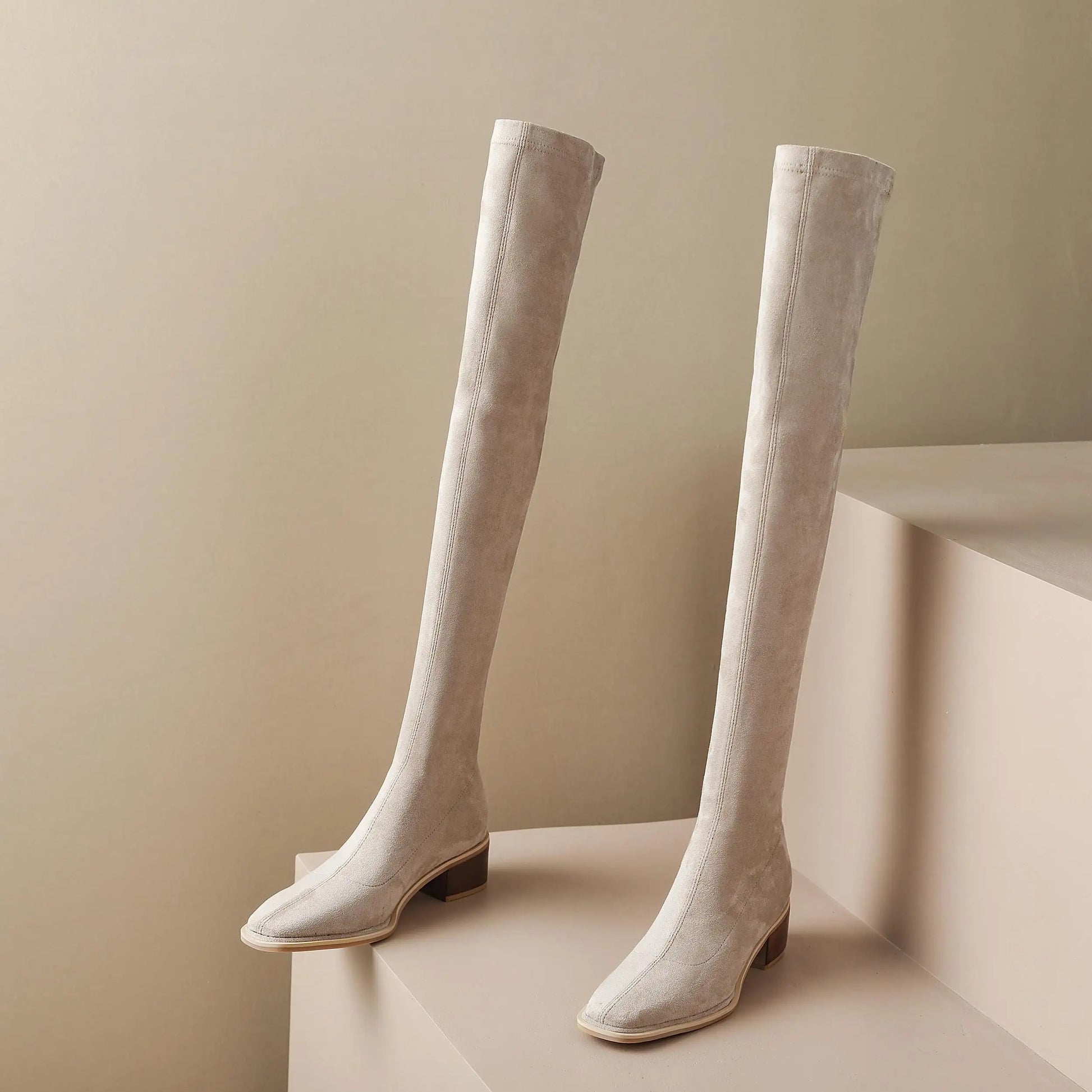 English Style Med Heels Thin Leg Square Toe   , New Stretch Slip on Over-the-knee Boots - Ghoddosh