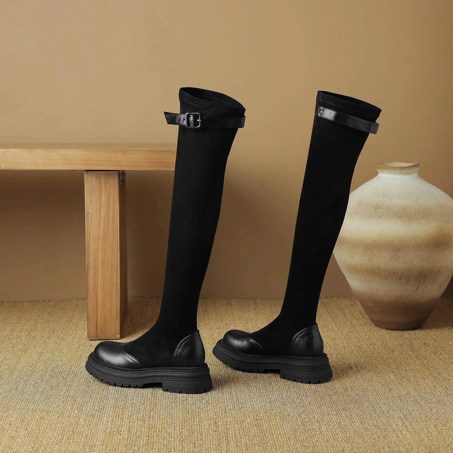 Microfiber Flock Chunky med Heels Round Toe Stretch Long Boots with buckles - Ghoddosh