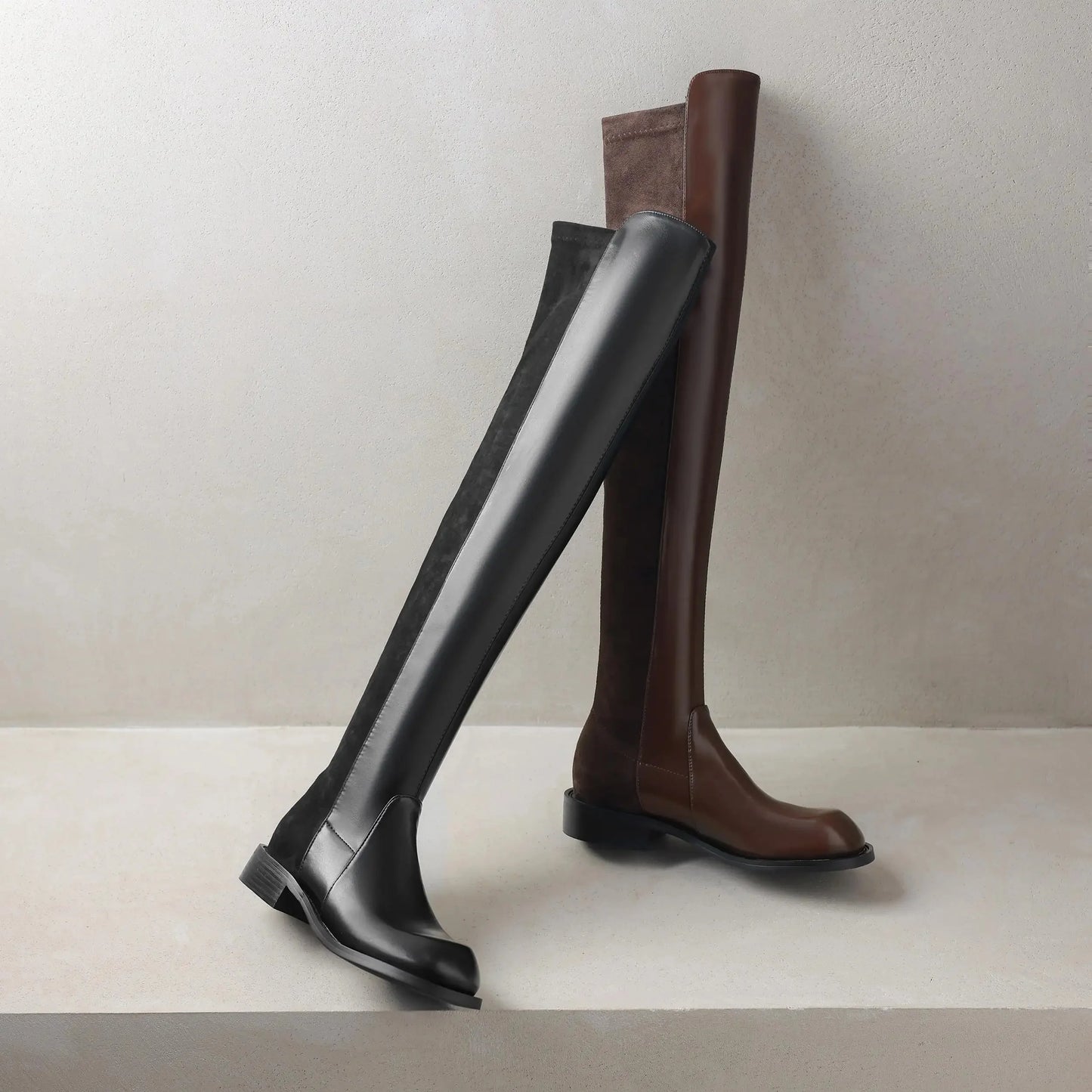 Microfiber Low Heels Round Toe Stretch Long Boots - Ghoddosh