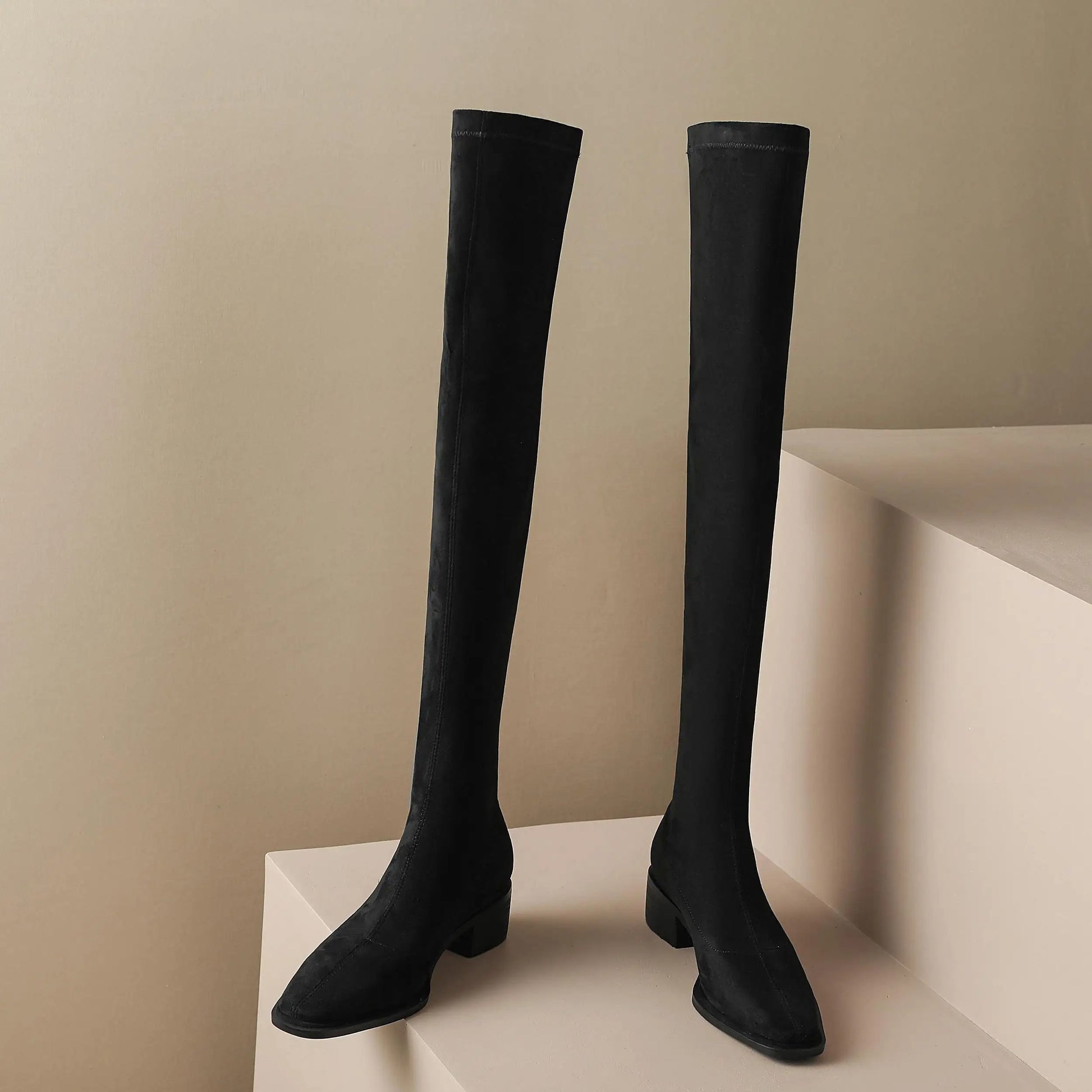 English Style Med Heels Thin Leg Square Toe   , New Stretch Slip on Over-the-knee Boots - Ghoddosh