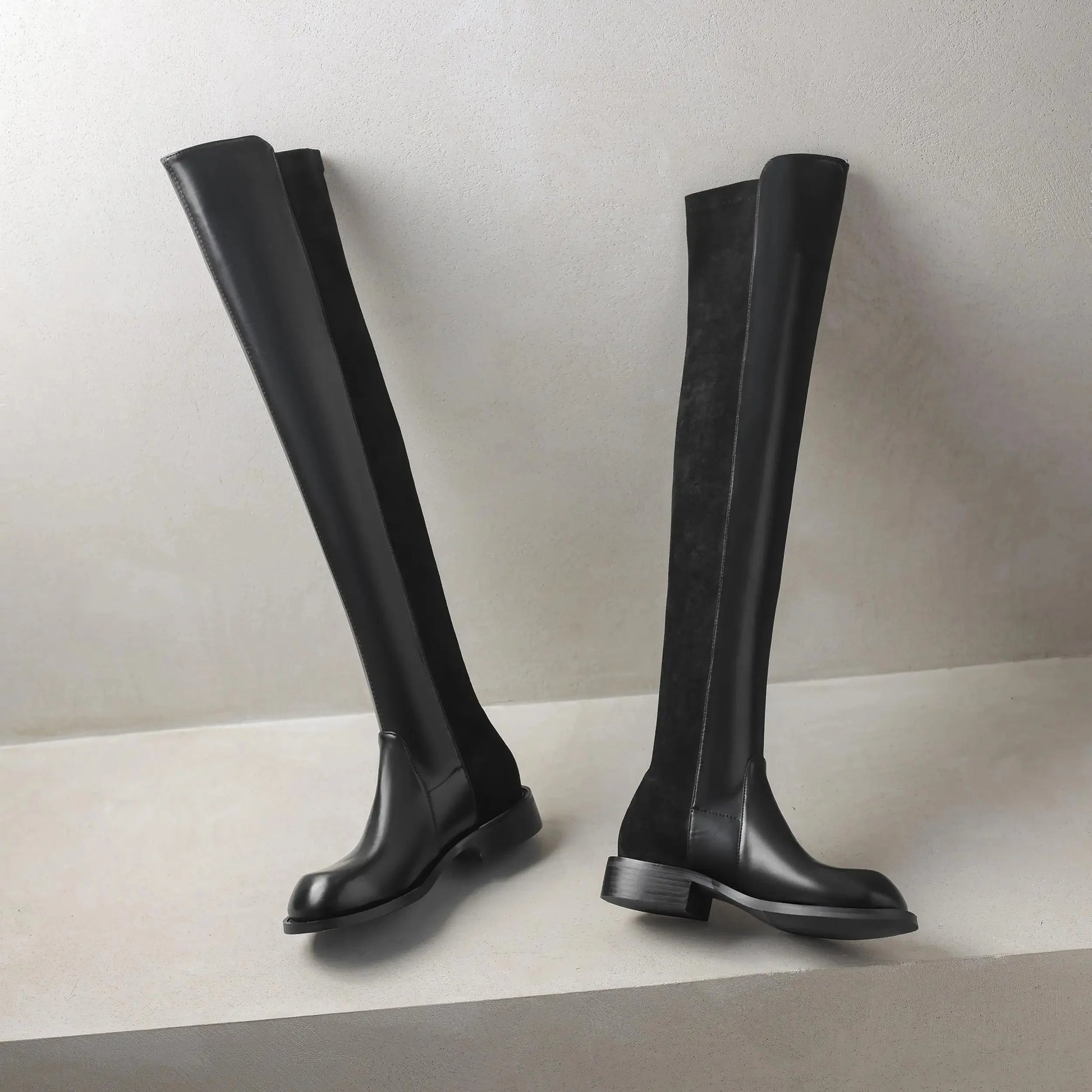 Microfiber Low Heels Round Toe Stretch Long Boots - Ghoddosh