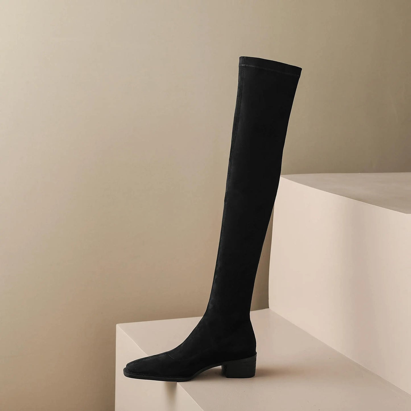 English Style Med Heels Thin Leg Square Toe   , New Stretch Slip on Over-the-knee Boots - Ghoddosh
