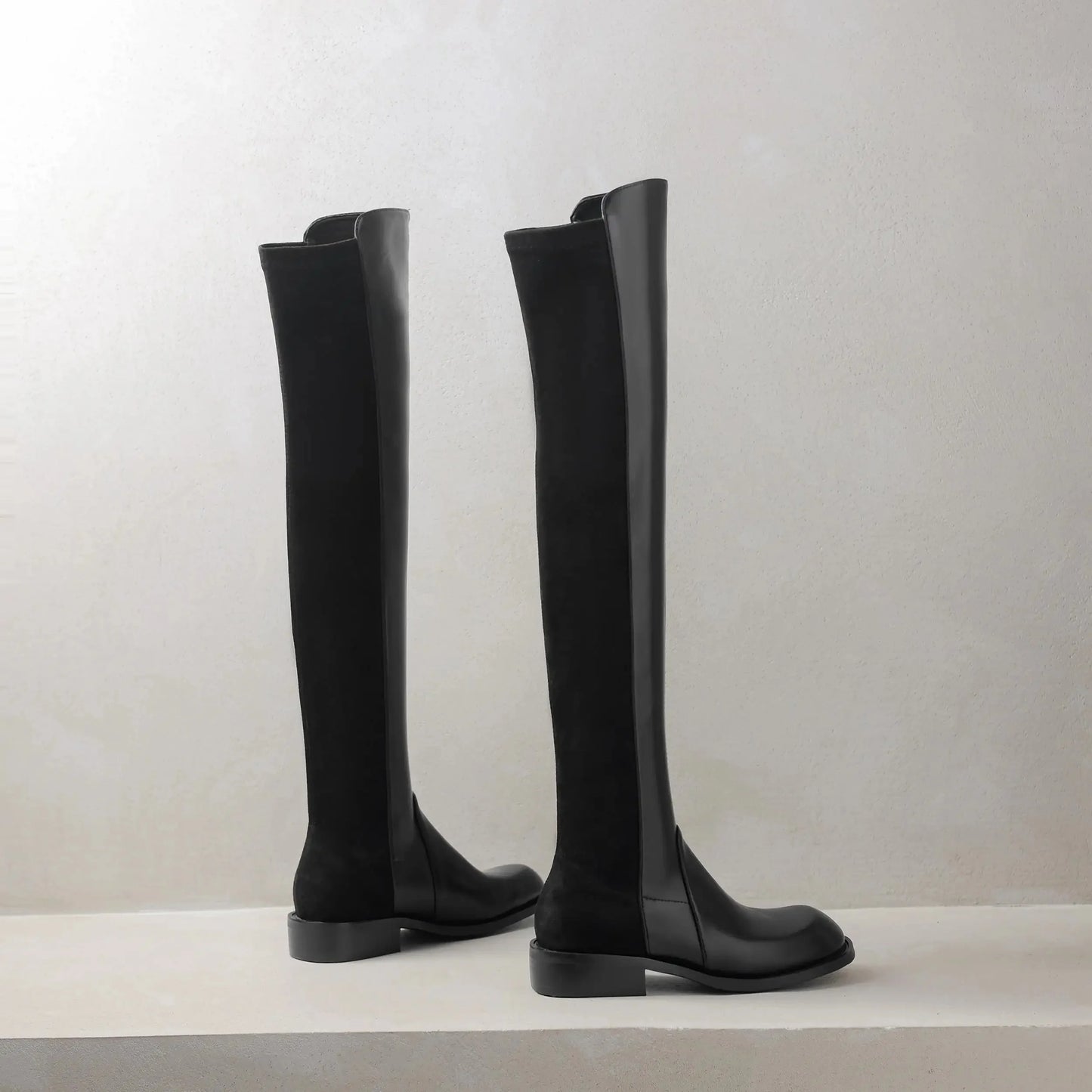Microfiber Low Heels Round Toe Stretch Long Boots - Ghoddosh