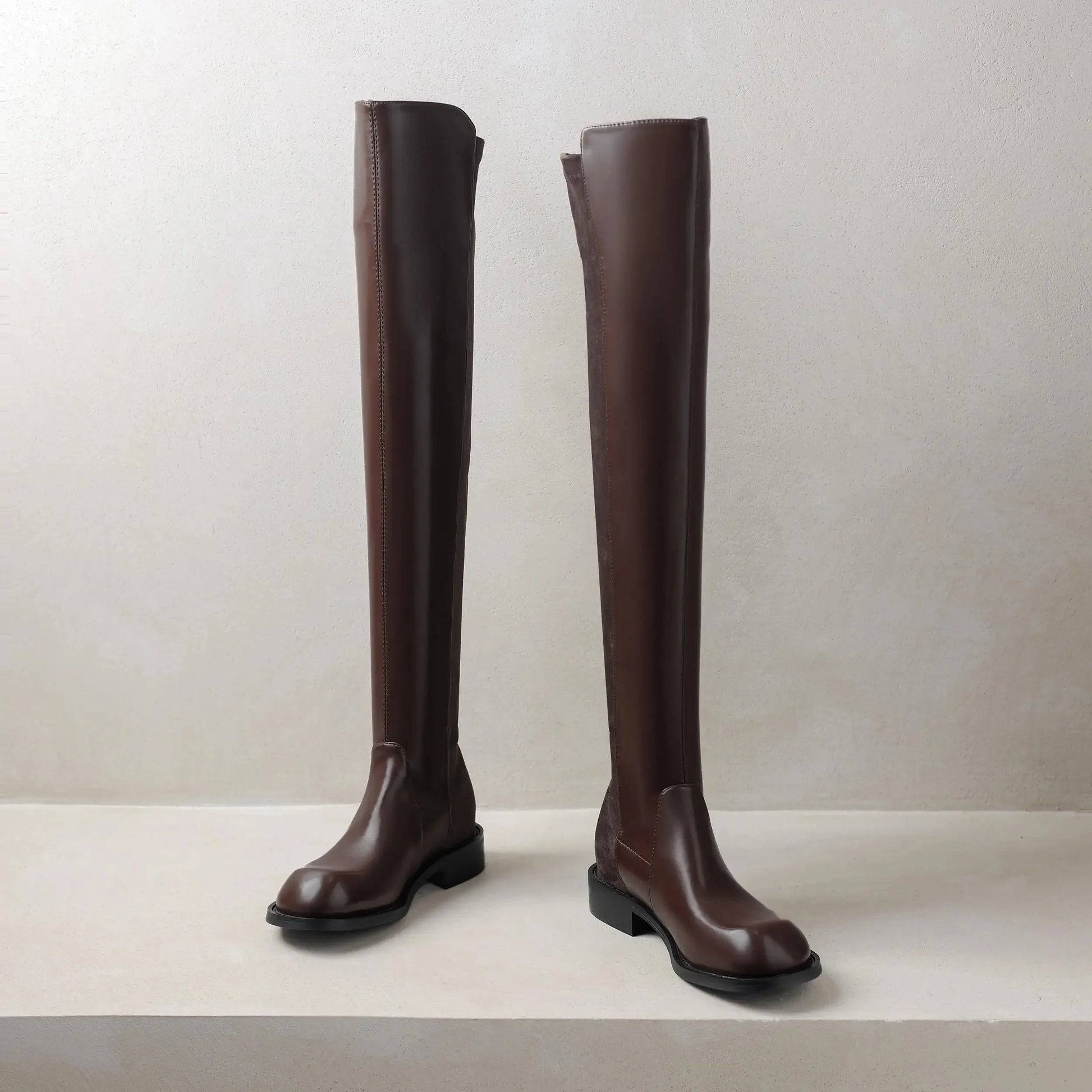 Microfiber Low Heels Round Toe Stretch Long Boots - Ghoddosh