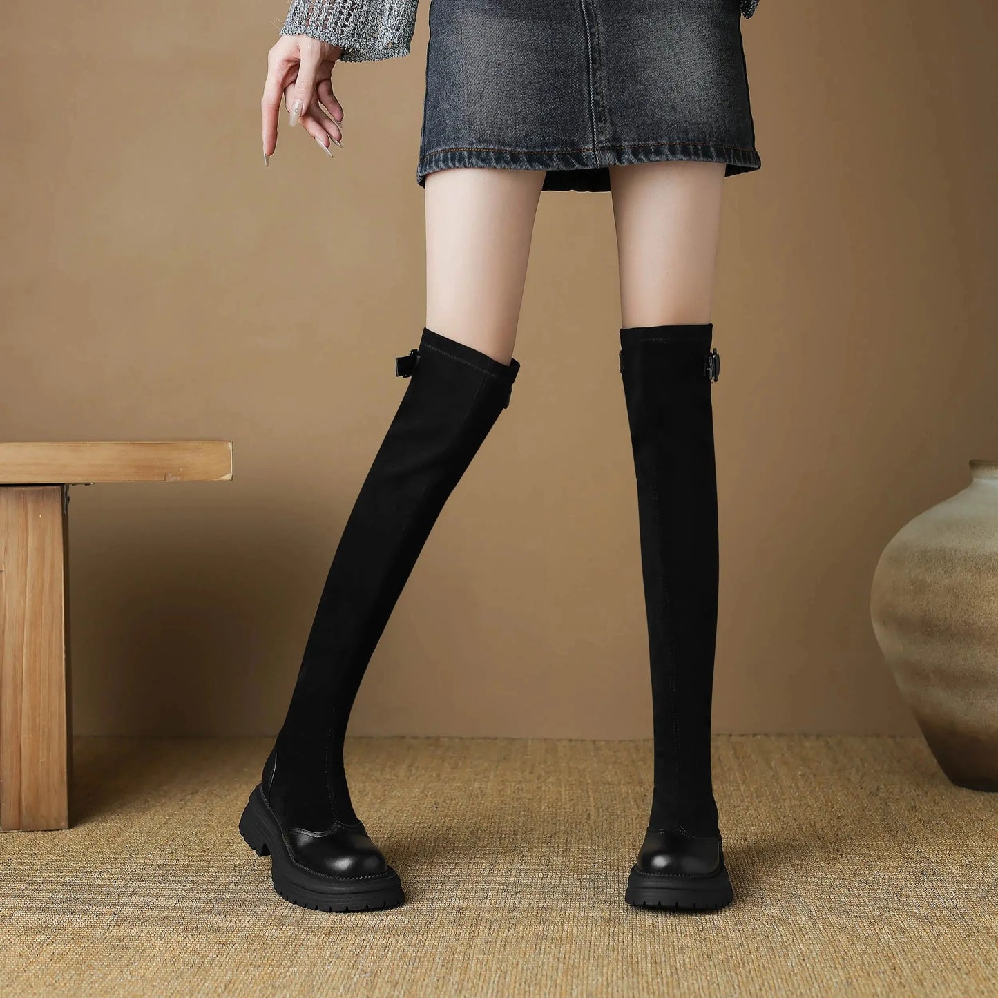 Microfiber Flock Chunky med Heels Round Toe Stretch Long Boots with buckles - Ghoddosh