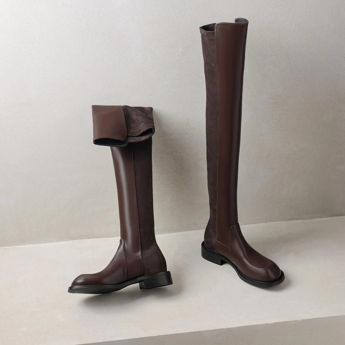 Microfiber Low Heels Round Toe Stretch Long Boots - Ghoddosh