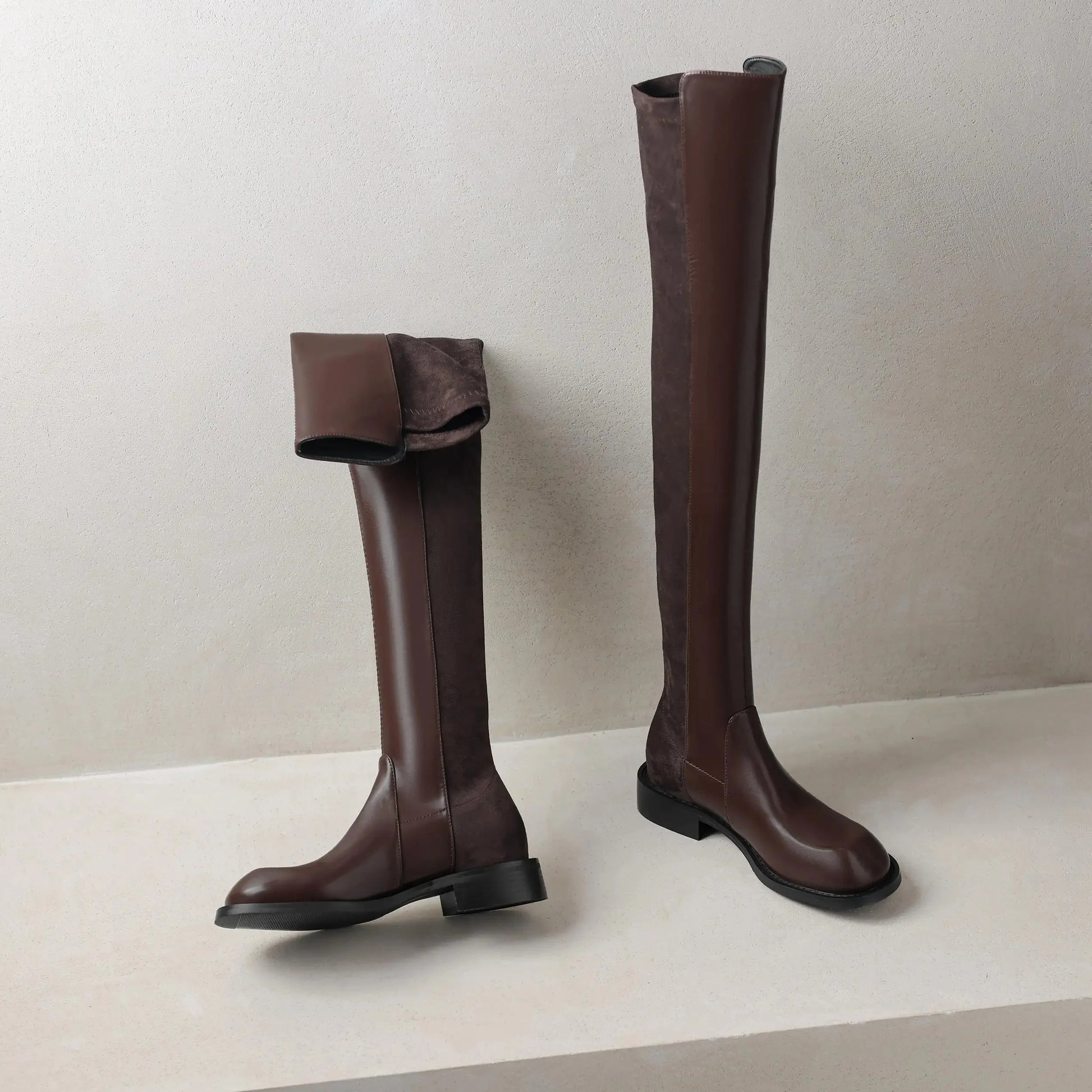 Microfiber Low Heels Round Toe Stretch Long Boots - Ghoddosh