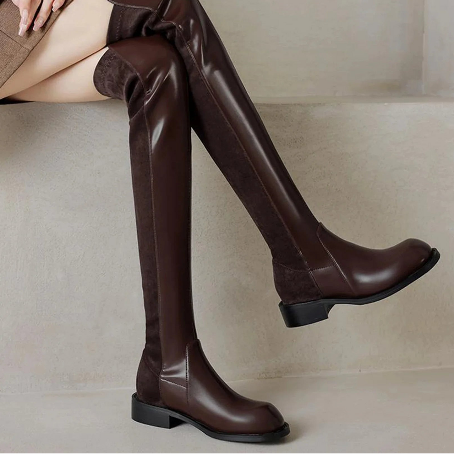 Microfiber Low Heels Round Toe Stretch Long Boots - Ghoddosh