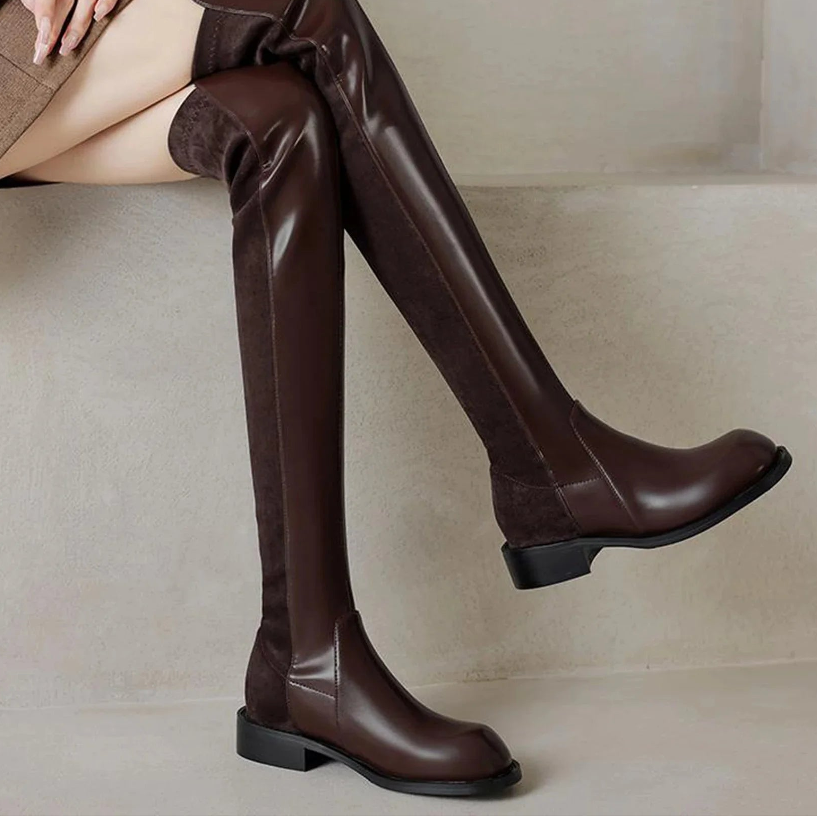 Microfiber Low Heels Round Toe Stretch Long Boots - Ghoddosh