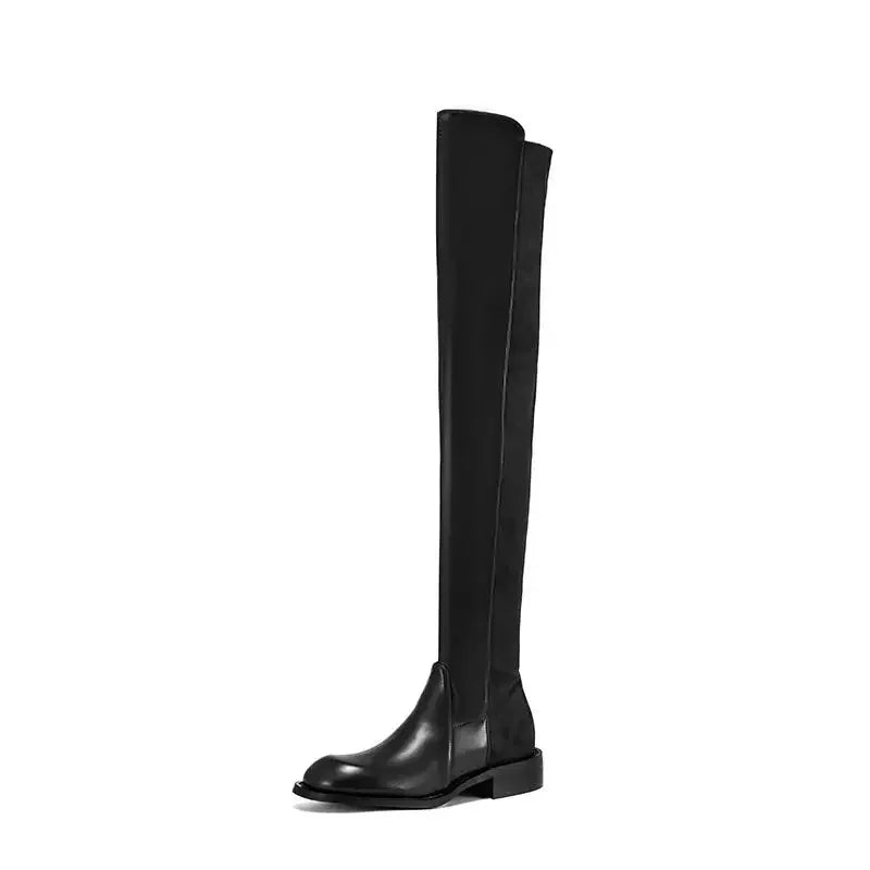 Microfiber Low Heels Round Toe Stretch Long Boots - Ghoddosh