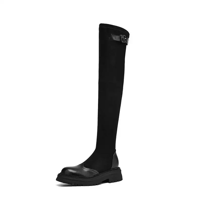 Microfiber Flock Chunky med Heels Round Toe Stretch Long Boots with buckles - Ghoddosh