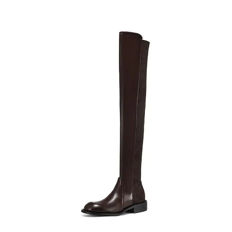 Microfiber Low Heels Round Toe Stretch Long Boots - Ghoddosh