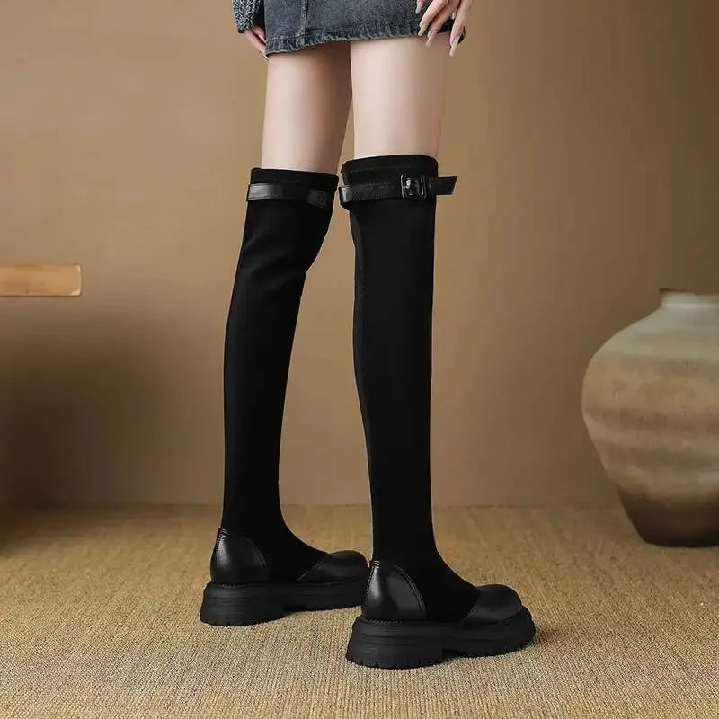 Microfiber Flock Chunky med Heels Round Toe Stretch Long Boots with buckles - Ghoddosh