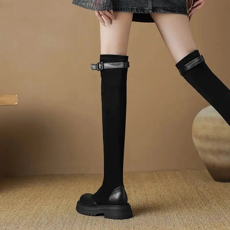 Microfiber Flock Chunky med Heels Round Toe Stretch Long Boots with buckles - Ghoddosh