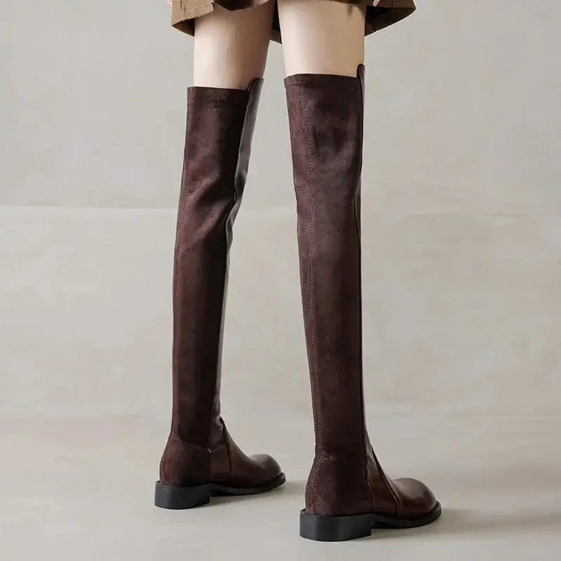 Microfiber Low Heels Round Toe Stretch Long Boots - Ghoddosh