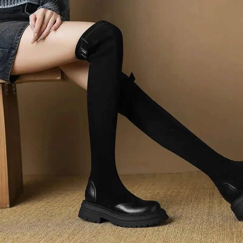 Microfiber Flock Chunky med Heels Round Toe Stretch Long Boots with buckles - Ghoddosh