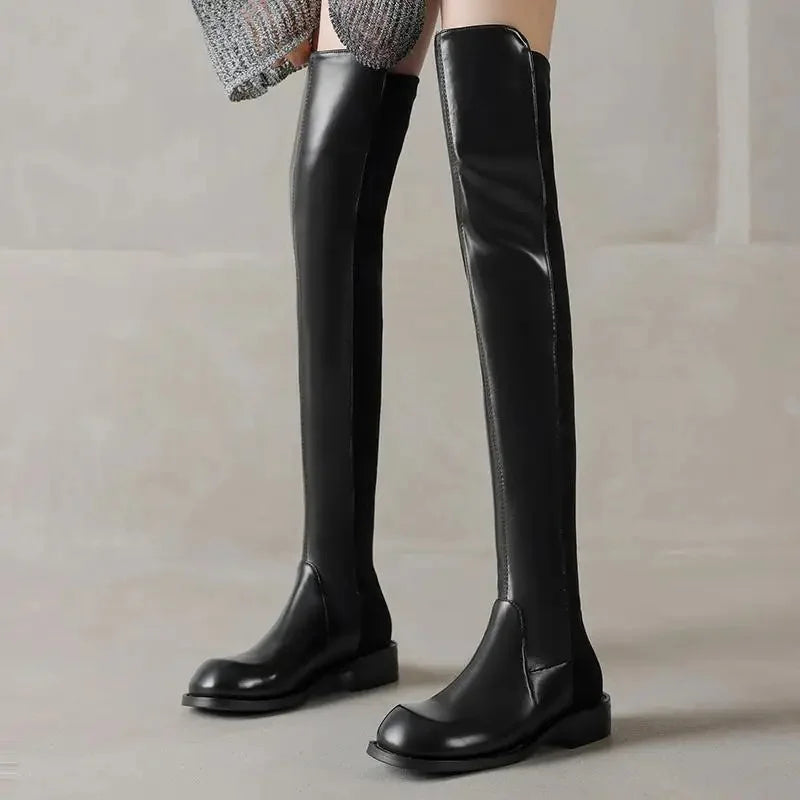 Microfiber Low Heels Round Toe Stretch Long Boots - Ghoddosh