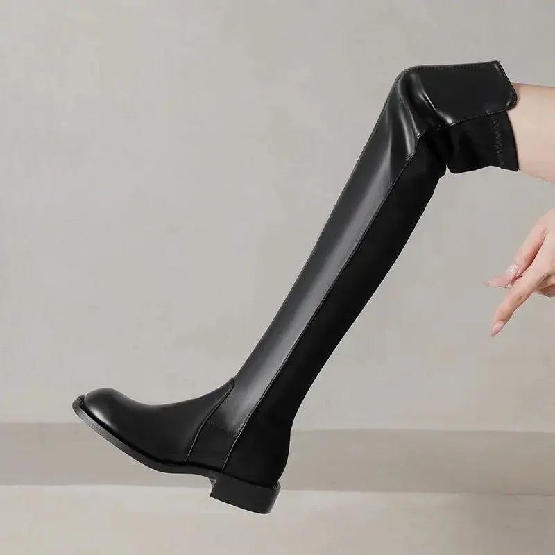 Microfiber Low Heels Round Toe Stretch Long Boots - Ghoddosh