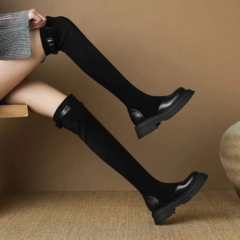 Microfiber Flock Chunky med Heels Round Toe Stretch Long Boots with buckles - Ghoddosh