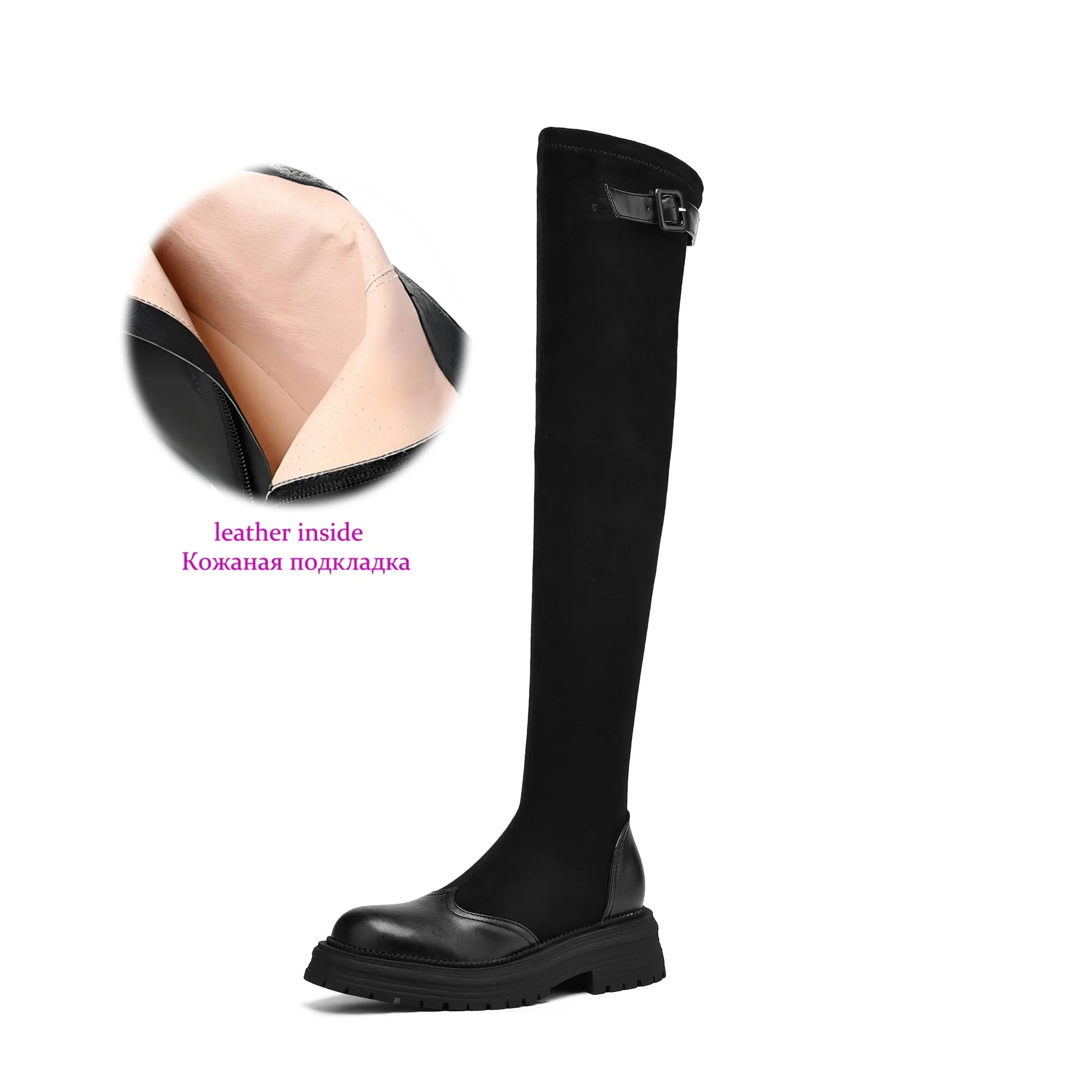 Microfiber Flock Chunky med Heels Round Toe Stretch Long Boots with buckles - Ghoddosh