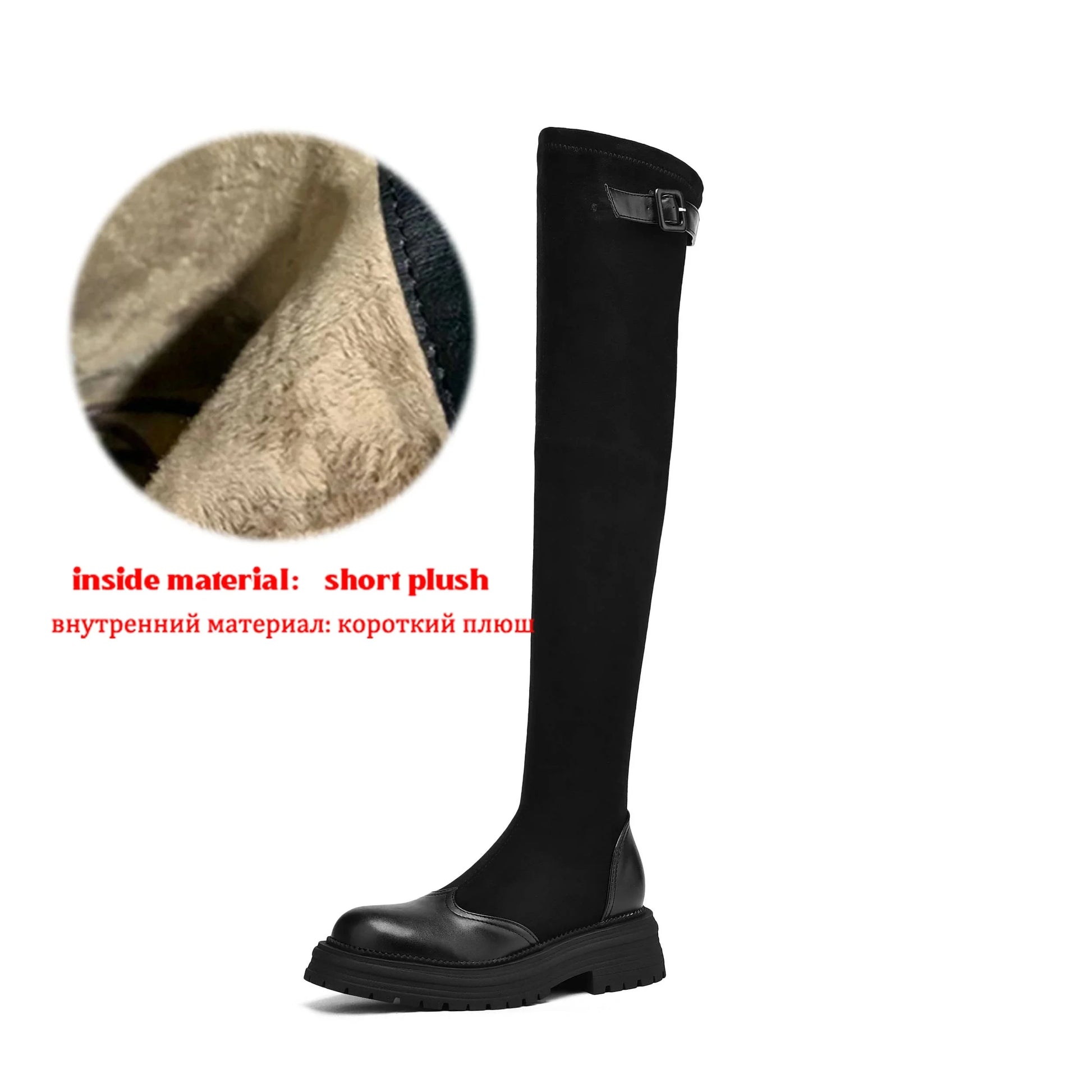 Microfiber Flock Chunky med Heels Round Toe Stretch Long Boots with buckles - Ghoddosh