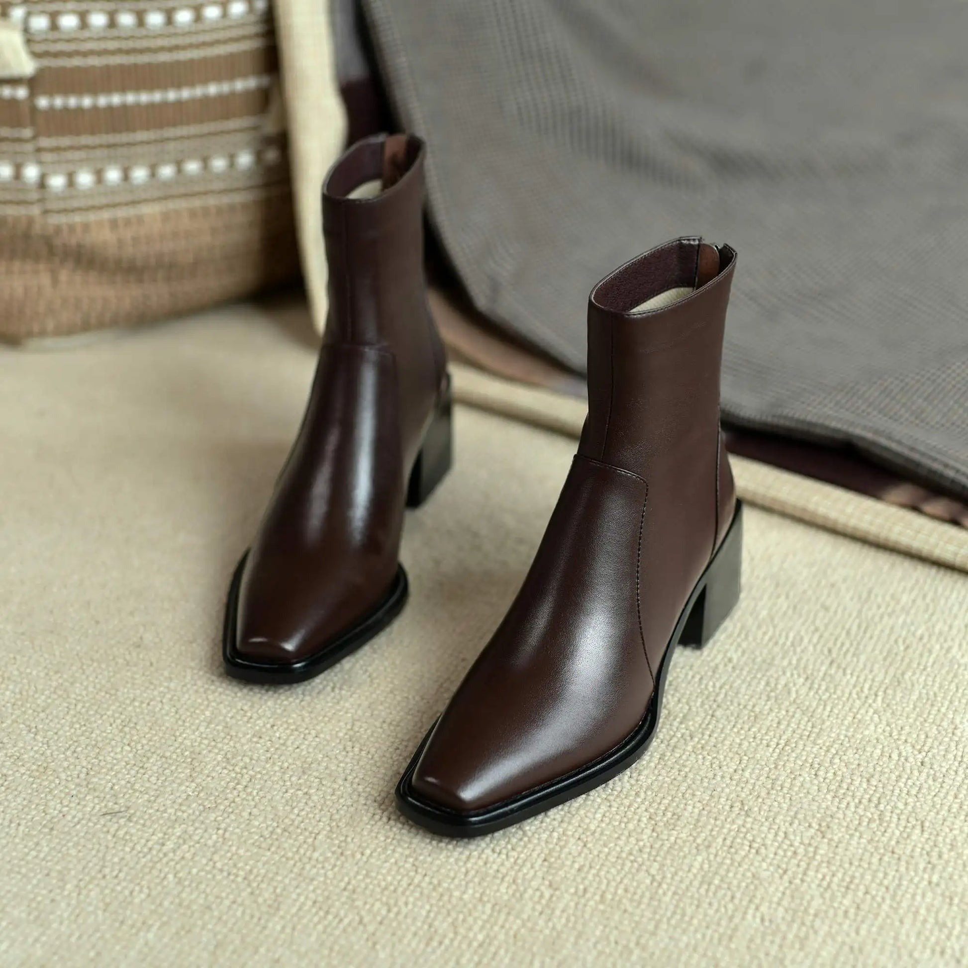Cow Leather High Heels Square Toe Winter  Ankle Boots - Ghoddosh