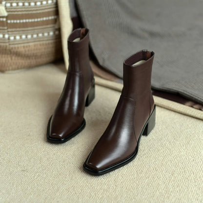 Cow Leather High Heels Square Toe Winter  Ankle Boots - Ghoddosh