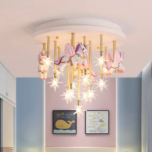 36W Cute Resin Horse Kids Ceiling Lamp - Pink/Blue LED Princess Bedroom Light for Children  @ ghoddosh.com