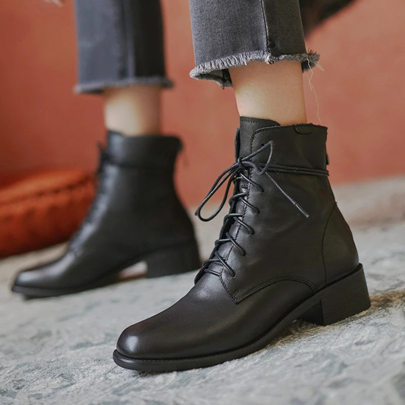 Cow Leather Lace Up Vintage Round Toe  / Low Heels Lady Ankle Boots - Ghoddosh