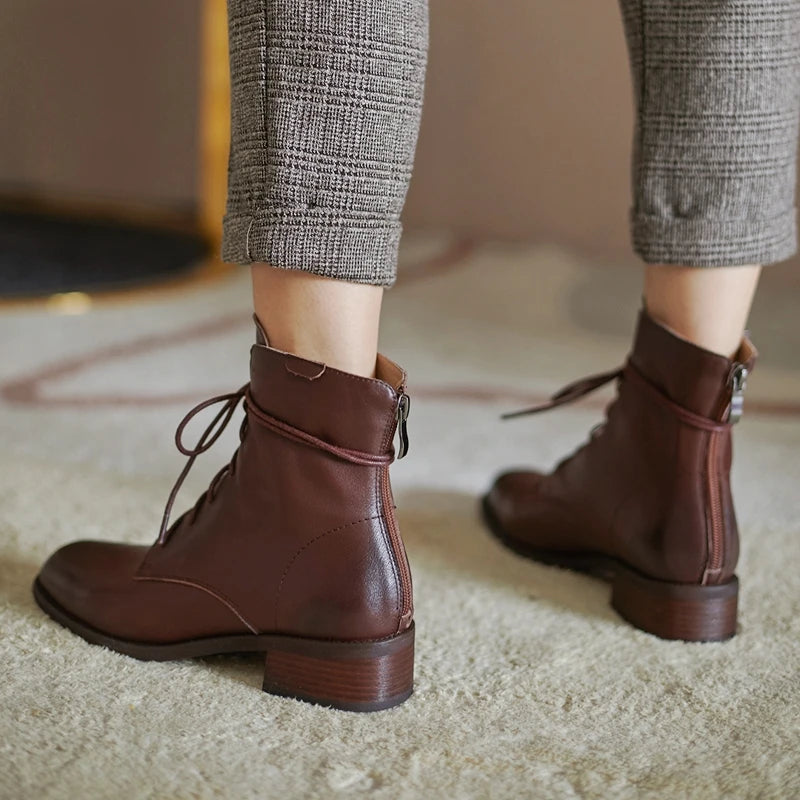 Cow Leather Lace Up Vintage Round Toe  / Low Heels Lady Ankle Boots - Ghoddosh