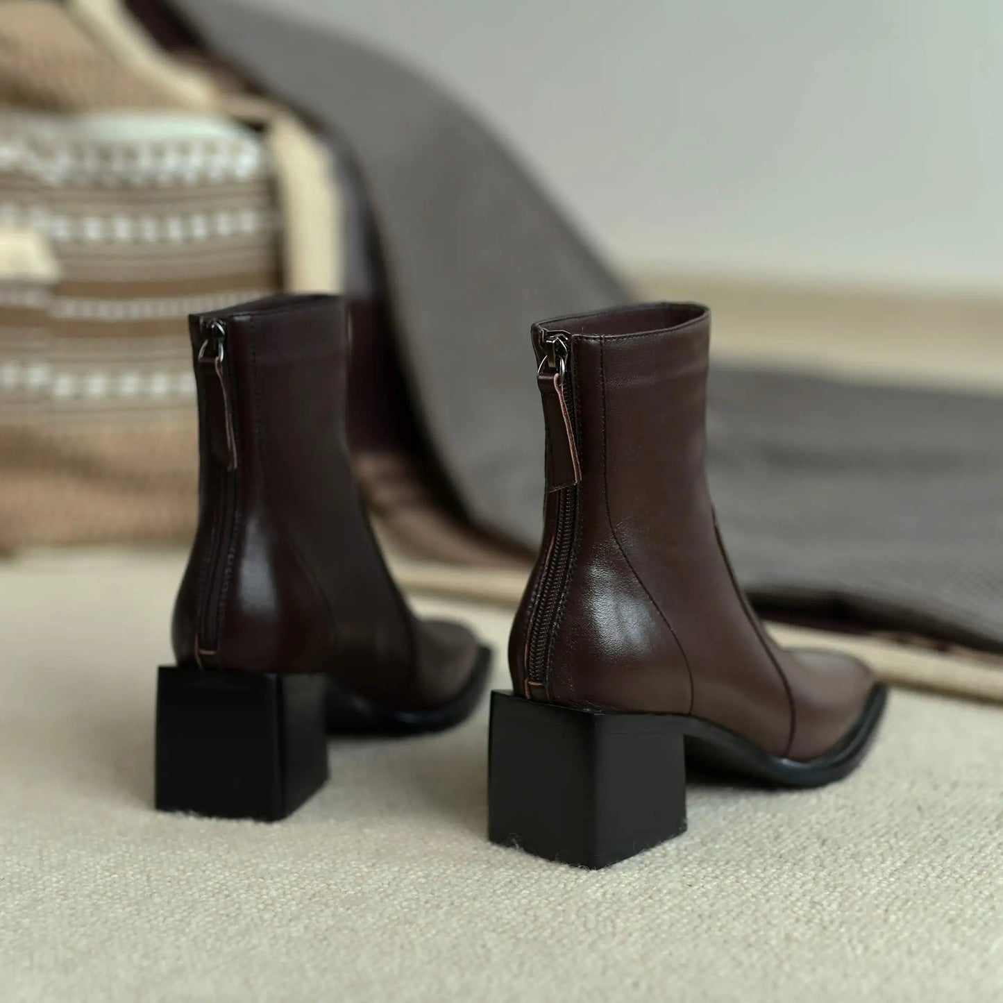 Cow Leather High Heels Square Toe Winter  Ankle Boots - Ghoddosh