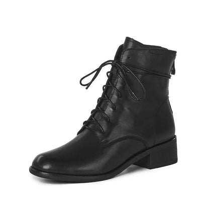 Cow Leather Lace Up Vintage Round Toe  / Low Heels Lady Ankle Boots - Ghoddosh