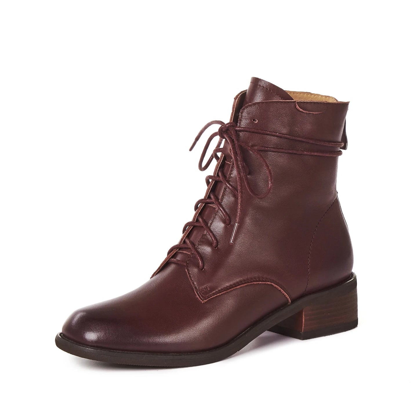 Cow Leather Lace Up Vintage Round Toe  / Low Heels Lady Ankle Boots - Ghoddosh