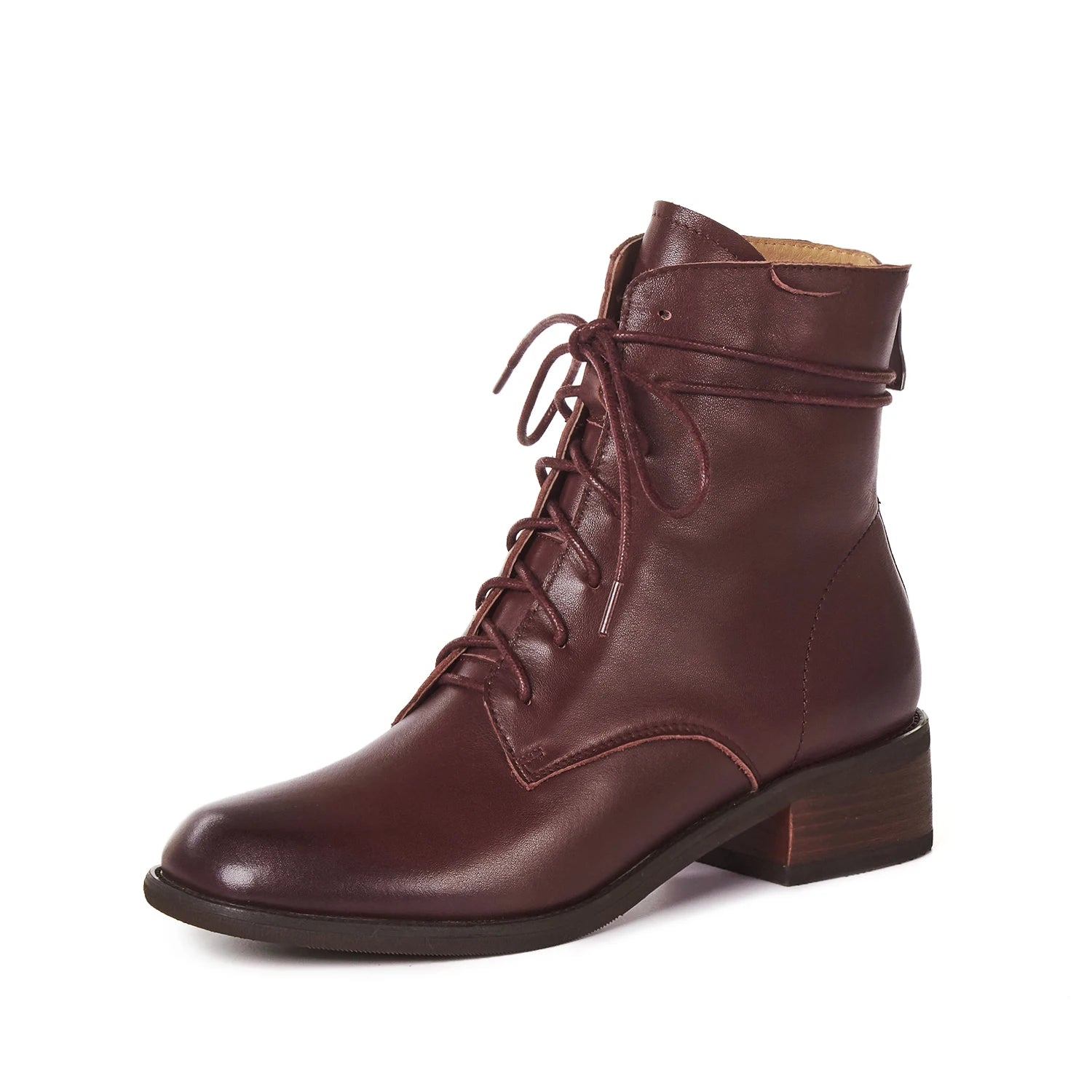 Cow Leather Lace Up Vintage Round Toe  / Low Heels Lady Ankle Boots - Ghoddosh