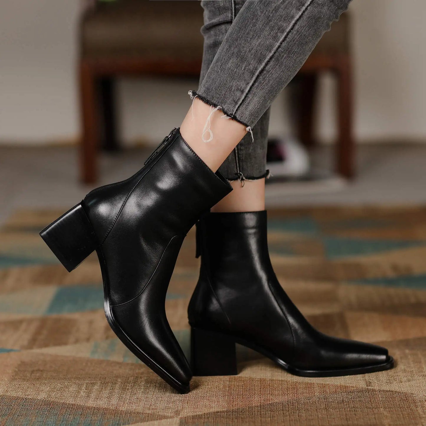 Cow Leather High Heels Square Toe Winter  Ankle Boots - Ghoddosh