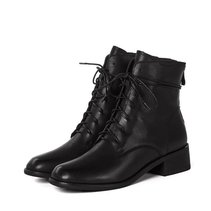 Cow Leather Lace Up Vintage Round Toe  / Low Heels Lady Ankle Boots - Ghoddosh