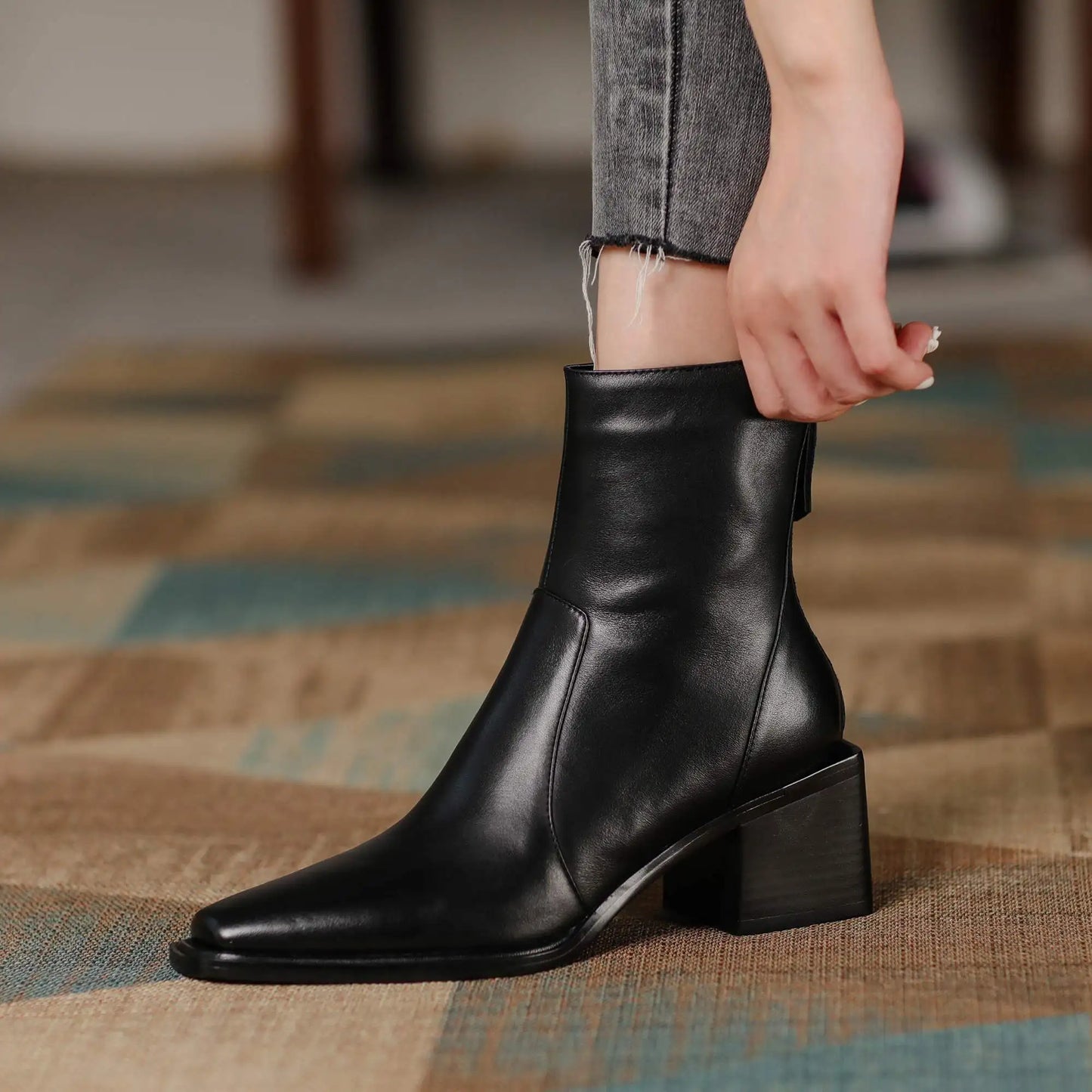 Cow Leather High Heels Square Toe Winter  Ankle Boots - Ghoddosh