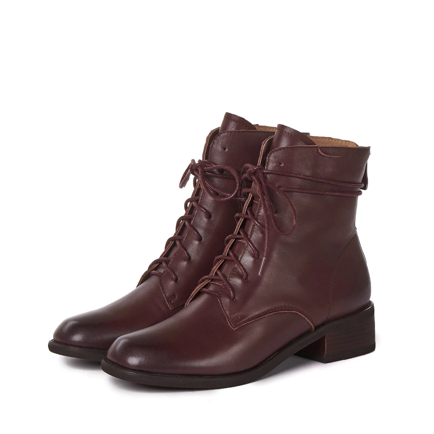 Cow Leather Lace Up Vintage Round Toe  / Low Heels Lady Ankle Boots - Ghoddosh