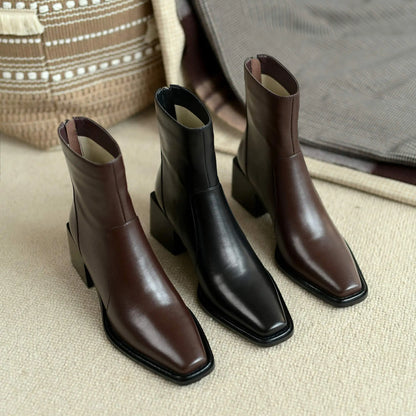 Cow Leather High Heels Square Toe Winter  Ankle Boots - Ghoddosh