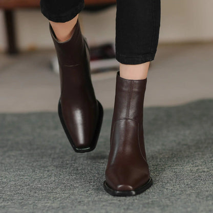 Cow Leather High Heels Square Toe Winter  Ankle Boots - Ghoddosh