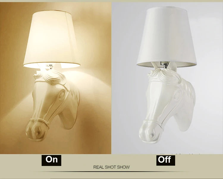 Horse head wall lamp showing 'On' and 'Off' states on a beige and gray background. @ ghoddosh.com