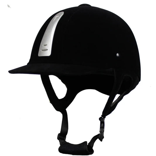 Black riding helmet with a silver stripe on a white background 
@ ghoddosh.com