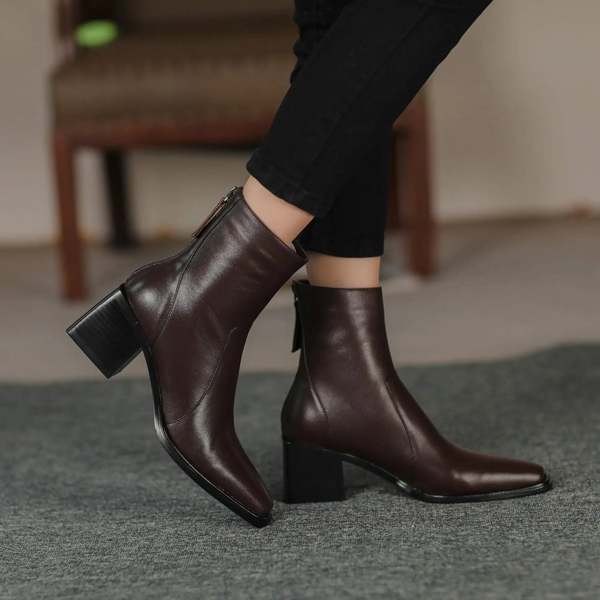 Cow Leather High Heels Square Toe Winter  Ankle Boots - Ghoddosh