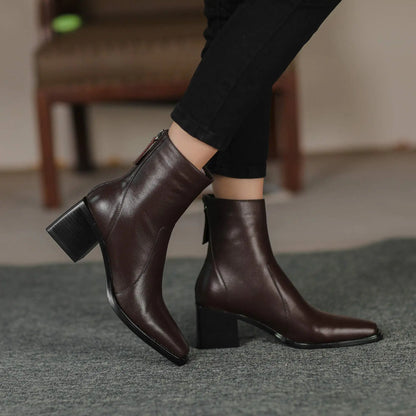 Cow Leather High Heels Square Toe Winter  Ankle Boots - Ghoddosh