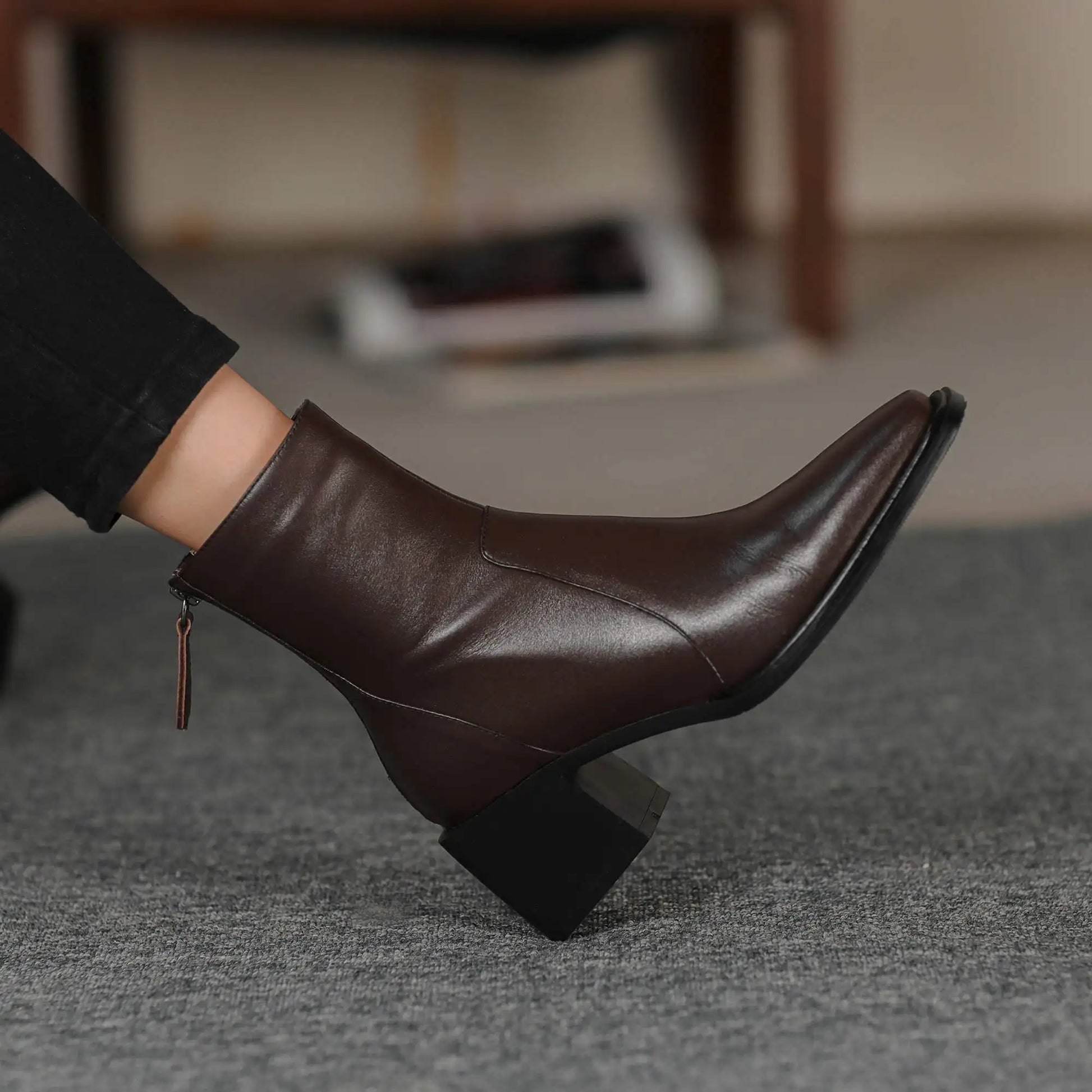 Cow Leather High Heels Square Toe Winter  Ankle Boots - Ghoddosh